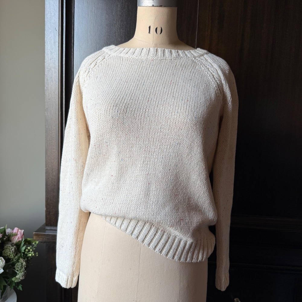 Boatneck Sweater Ivory Fleck Knit Raglan Cotton Jumper‎ Women's S Minimal